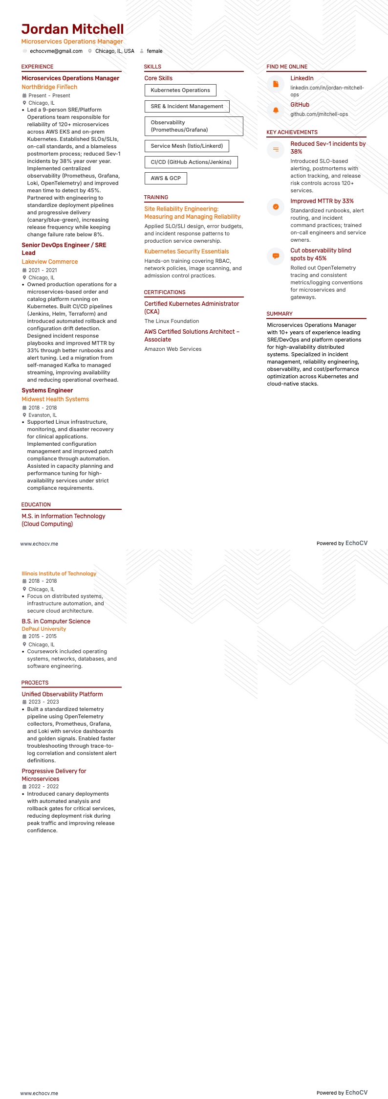 Microservices Operations Manager example resume