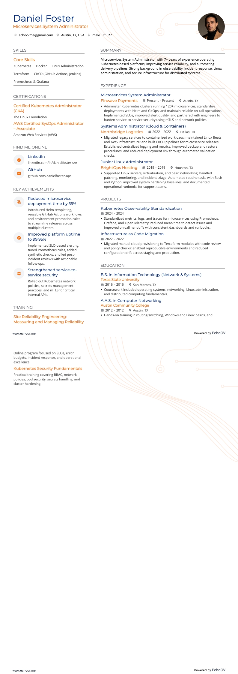 Microservices System Administrator example resume