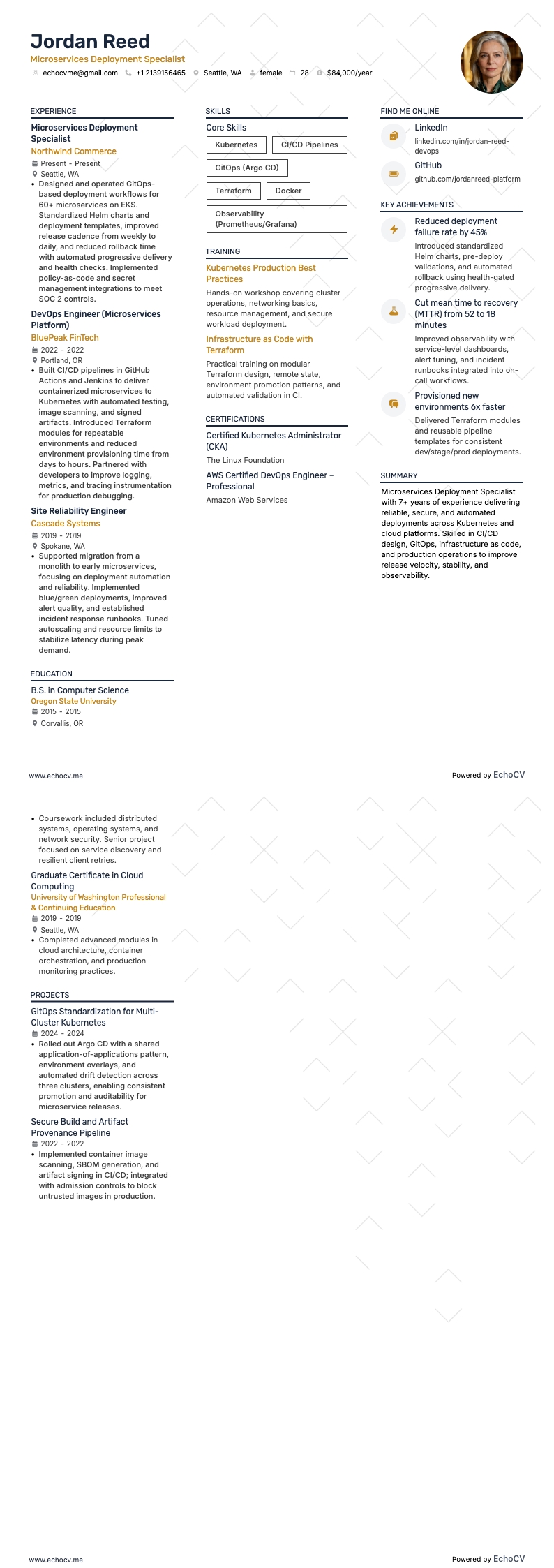 Microservices Deployment Specialist example resume