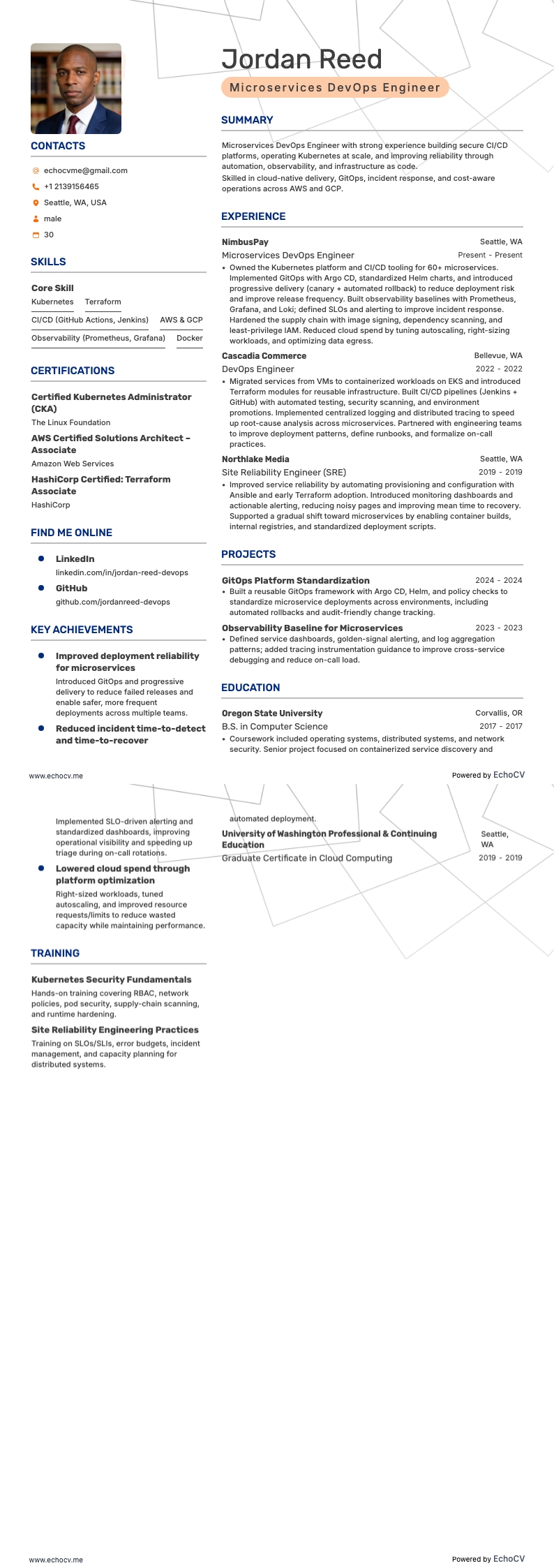 Microservices DevOps Engineer example resume