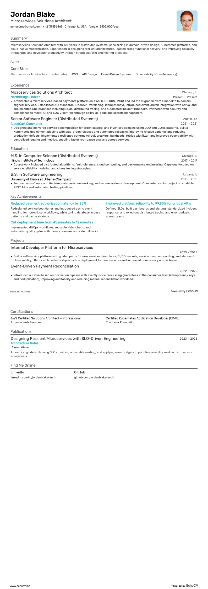 Microservices Solutions Architect example resume