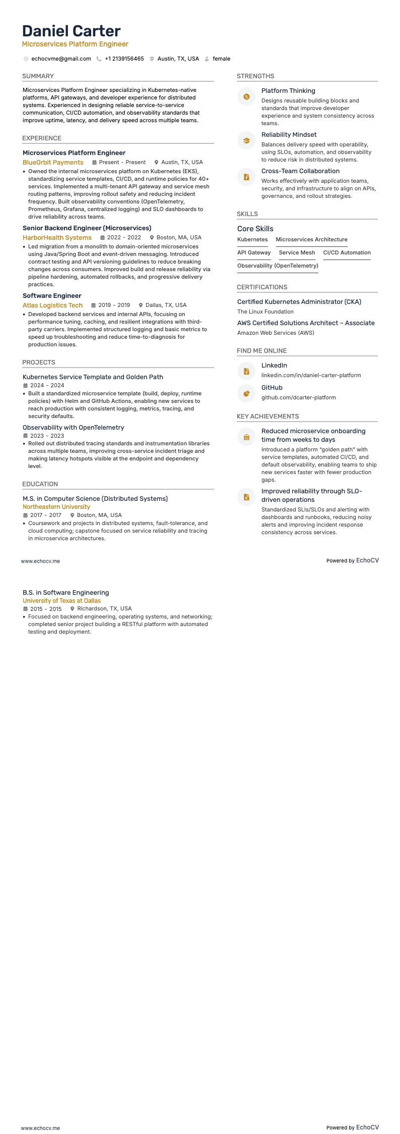 Microservices Platform Engineer example resume