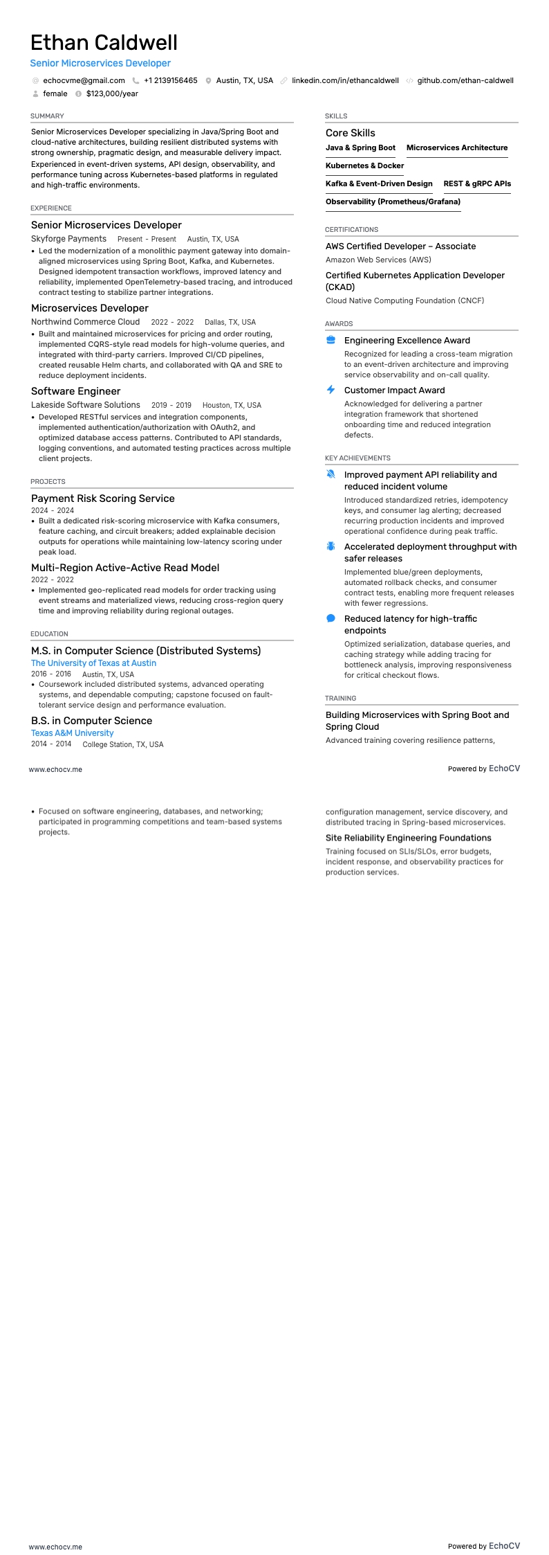 Senior Microservices Developer example resume