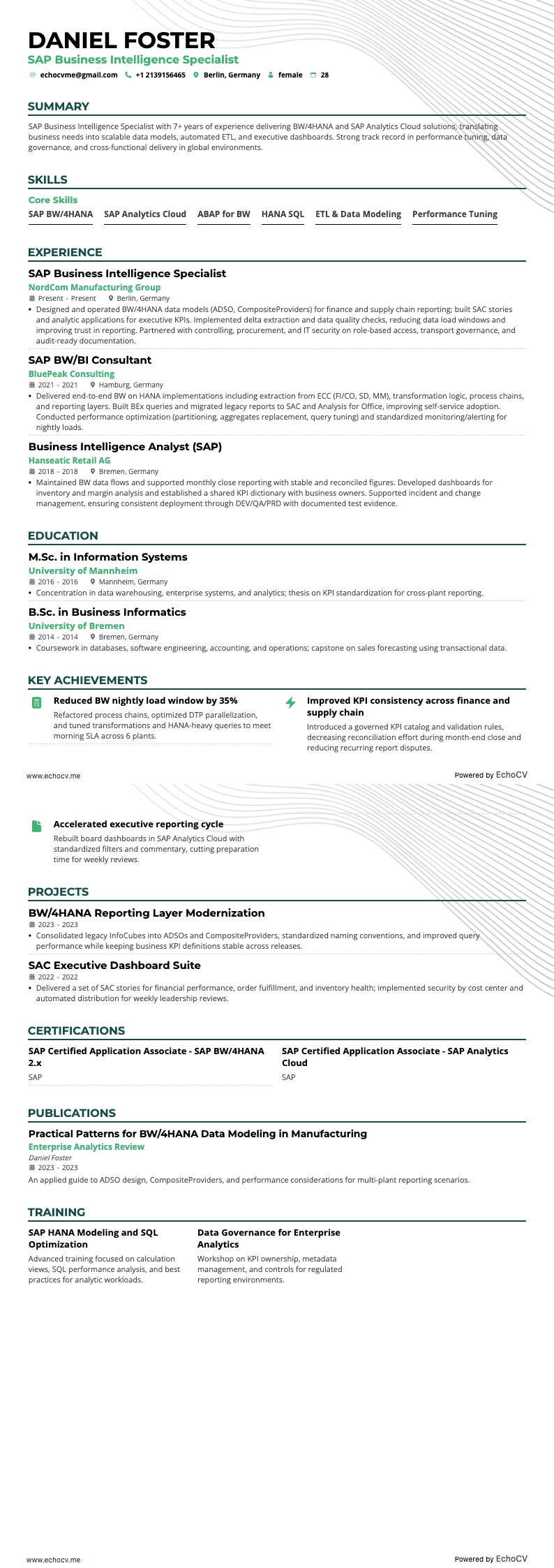 Spécialiste en Business Intelligence SAP example resume