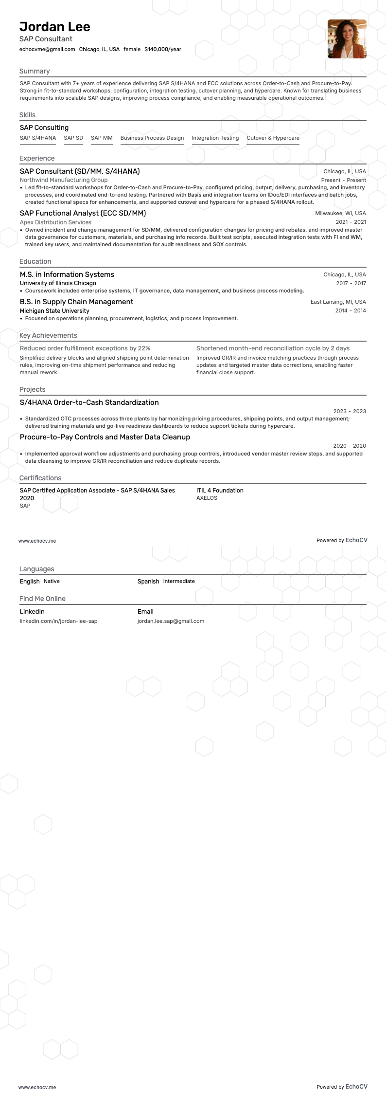 Consultant SAP example resume