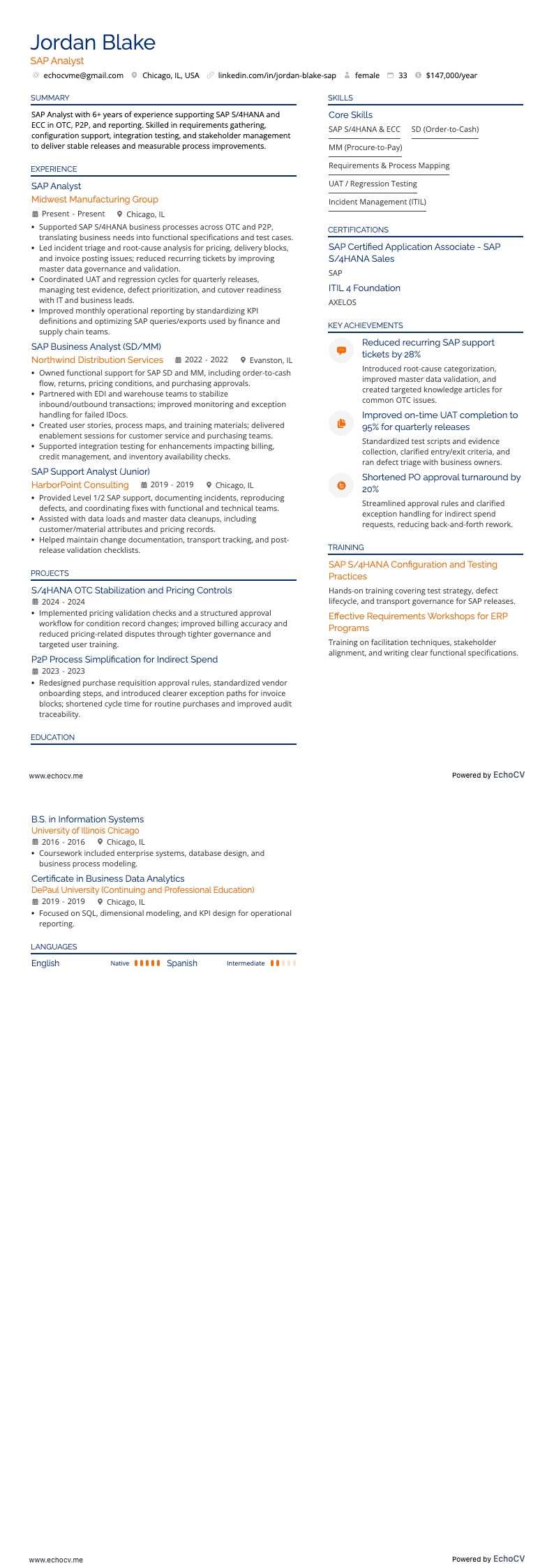 Analyste SAP example resume