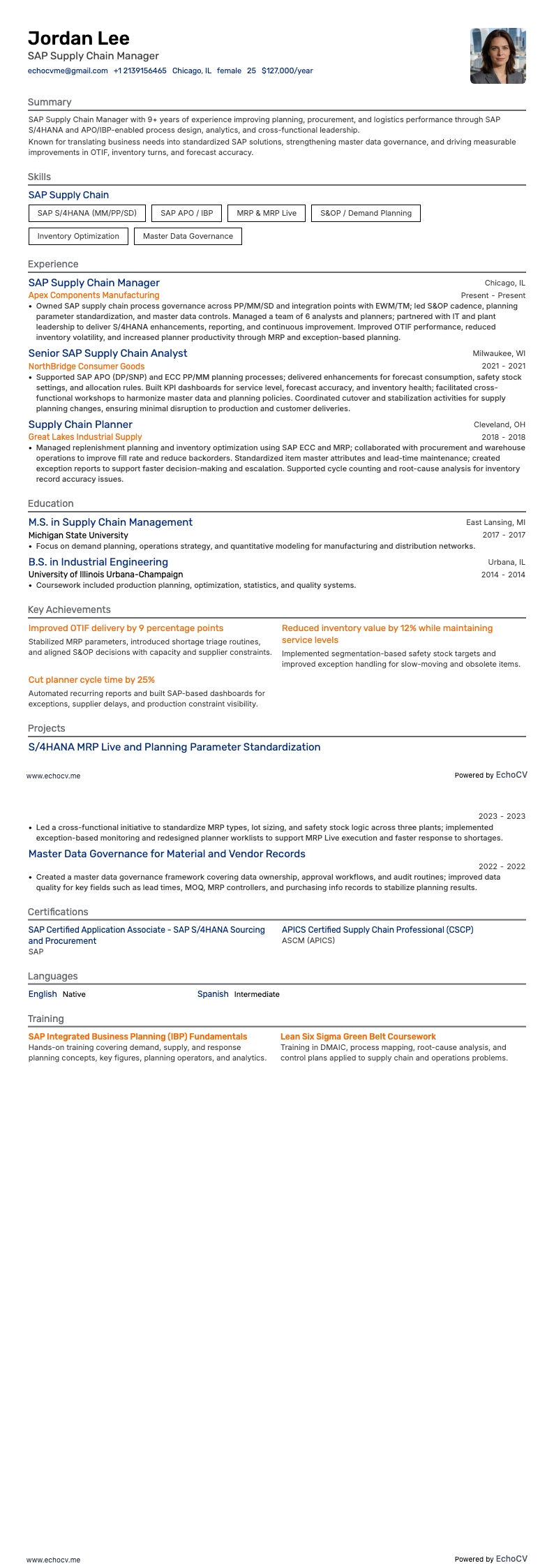 Responsable supply chain SAP example resume