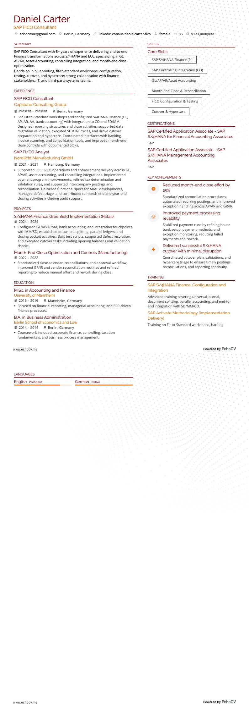 Consultant SAP FICO example resume