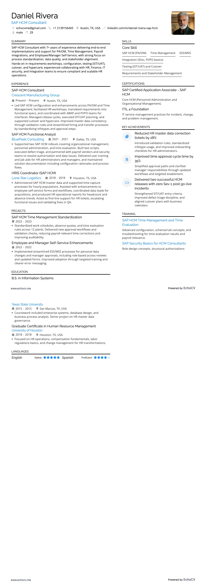 Consultant SAP HCM example resume