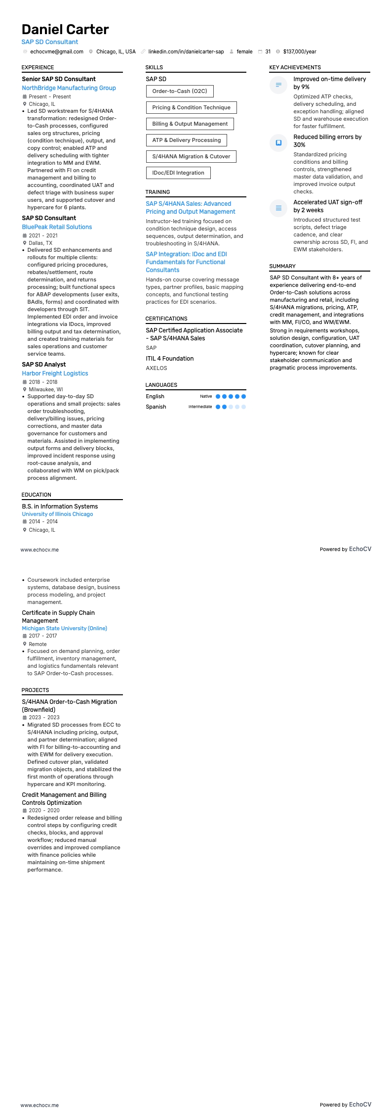 Consultant SAP SD example resume