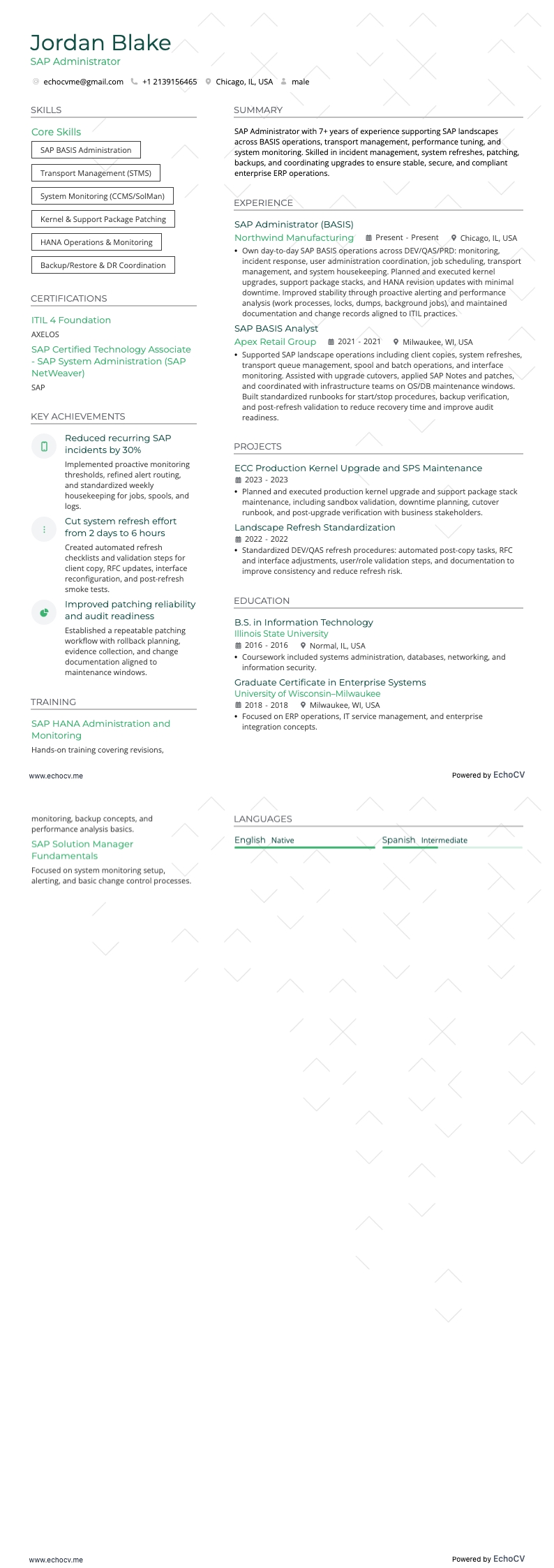 Administrateur SAP example resume