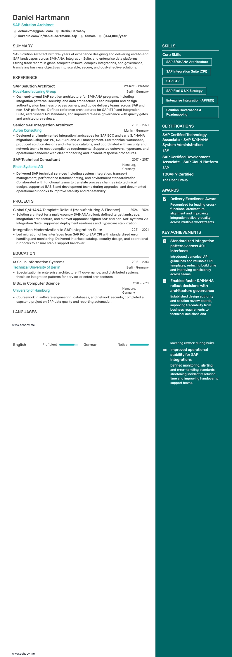 Architecte de solutions SAP example resume