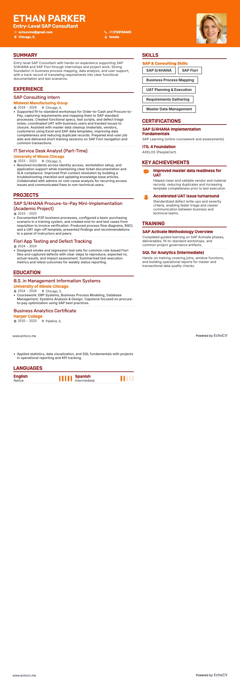 Consultant SAP débutant example resume