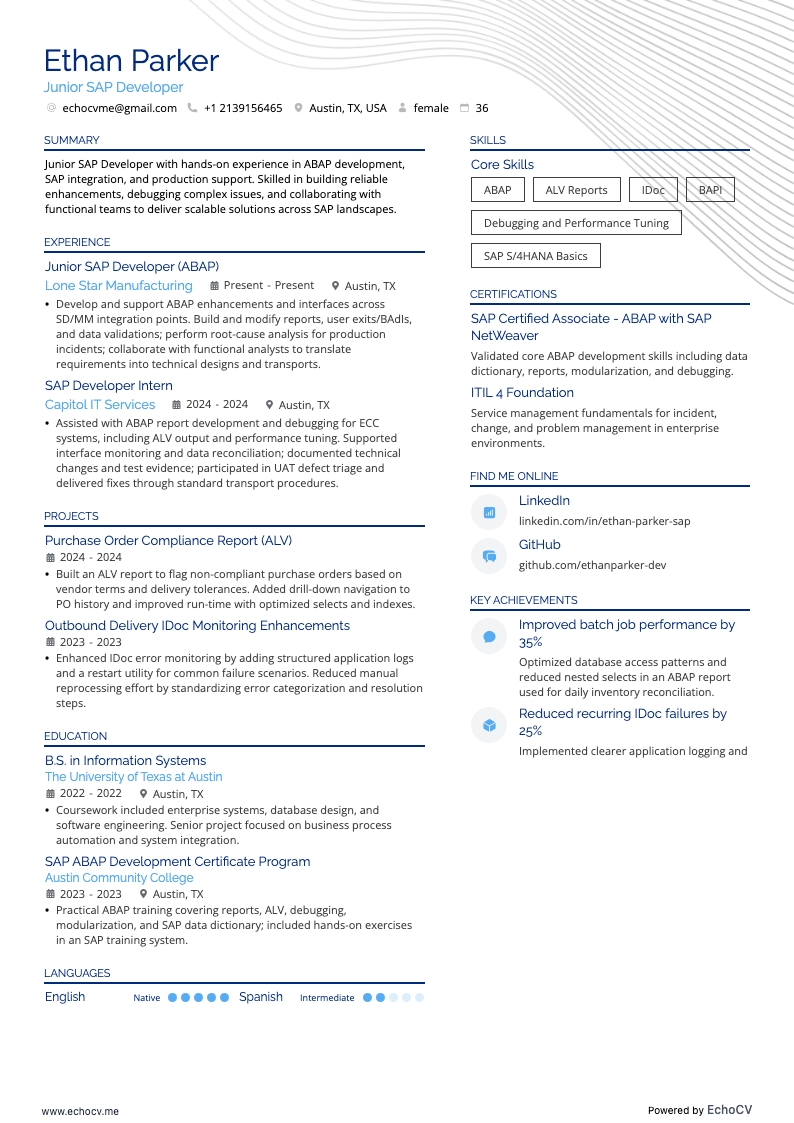 Développeur SAP junior example resume