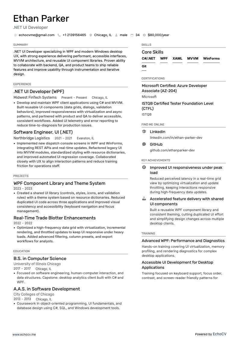 .Net UI开发工程师 example resume