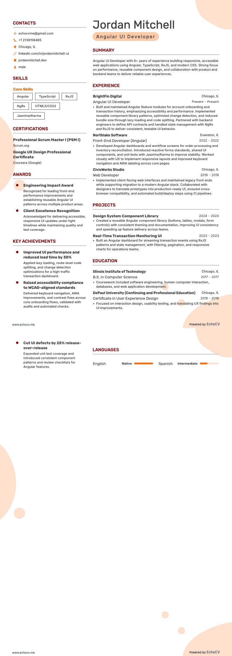 Angular UI 开发工程师 example resume