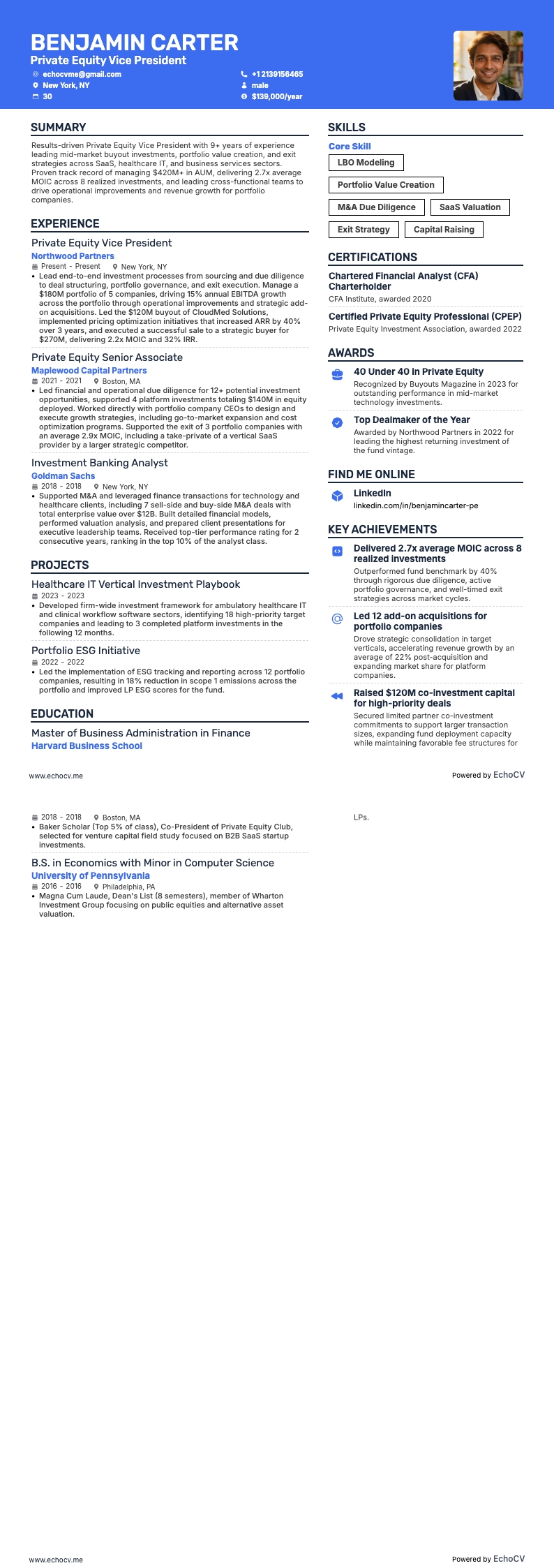 Private Equity Vice President example resume