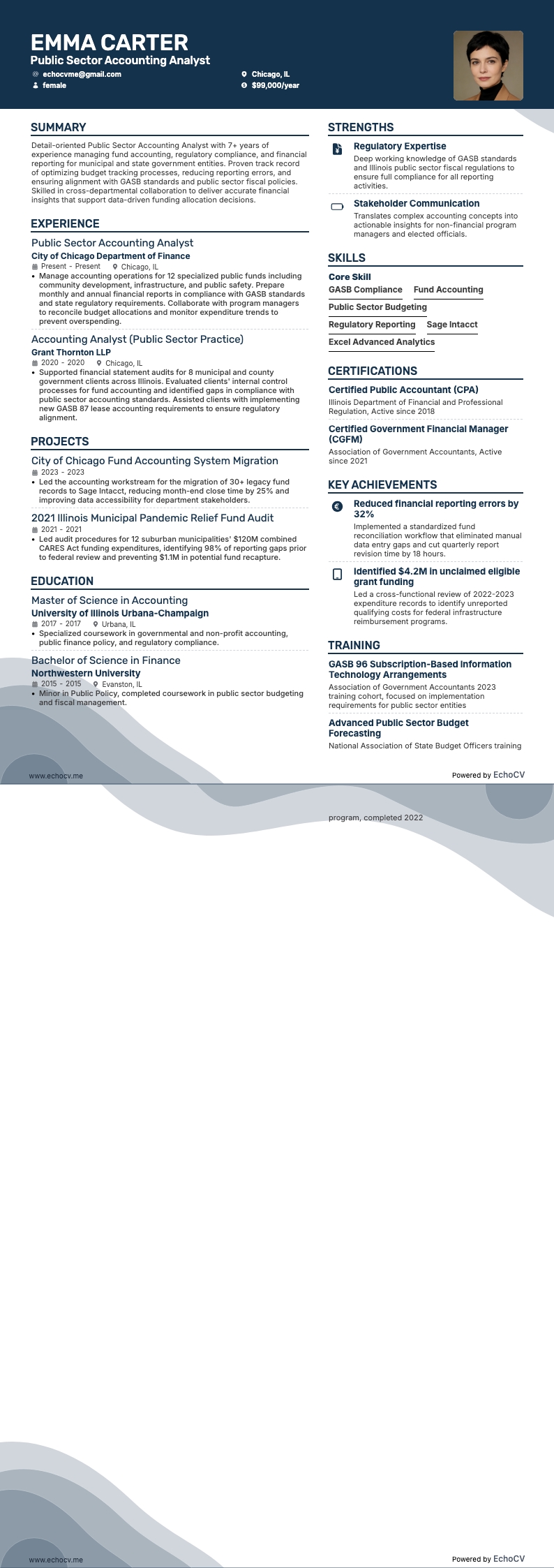 Analyste comptable du secteur public example resume