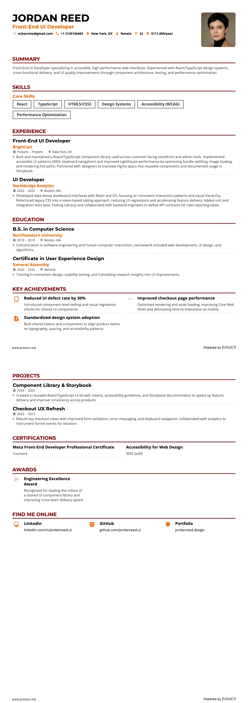 前端UI开发工程师 example resume