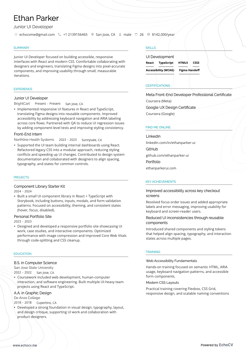 初级UI开发工程师 example resume