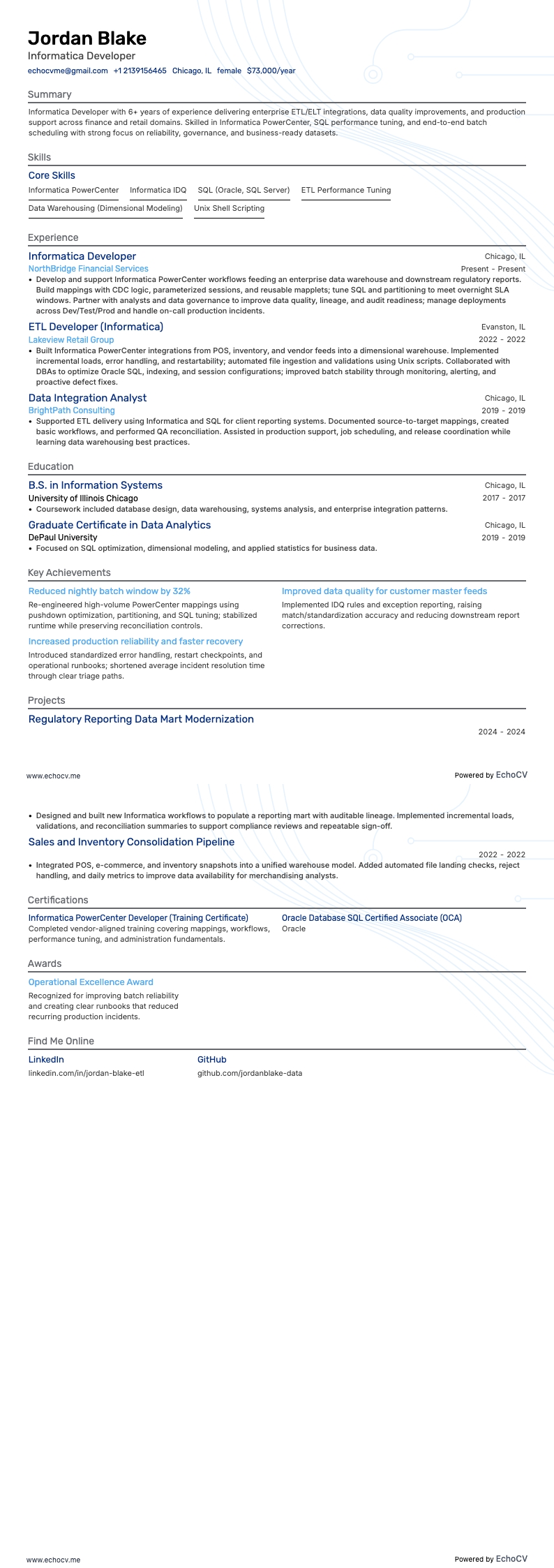 Informatica Developer example resume