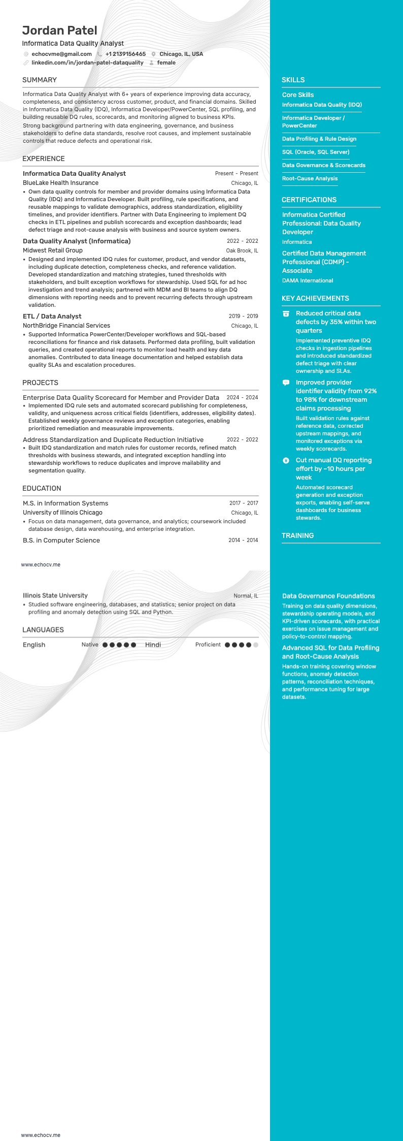 Informatica Data Quality Analyst example resume