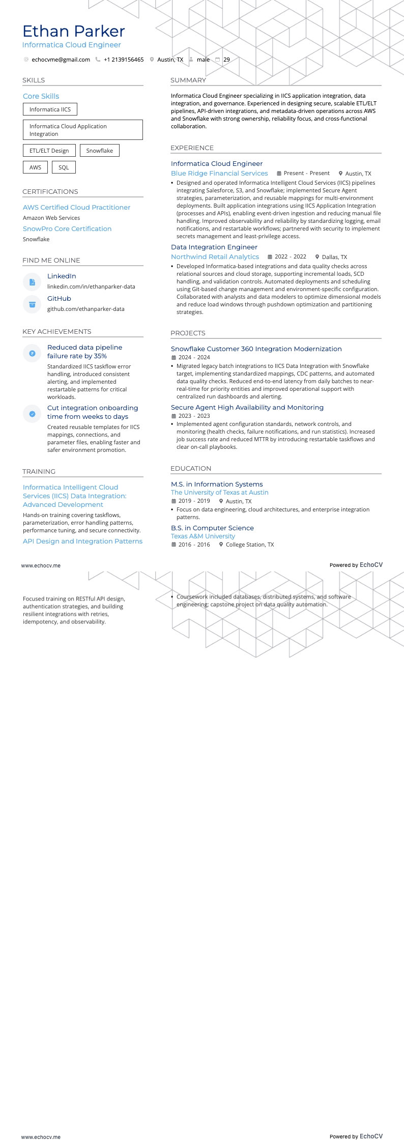 Informatica Cloud Engineer example resume
