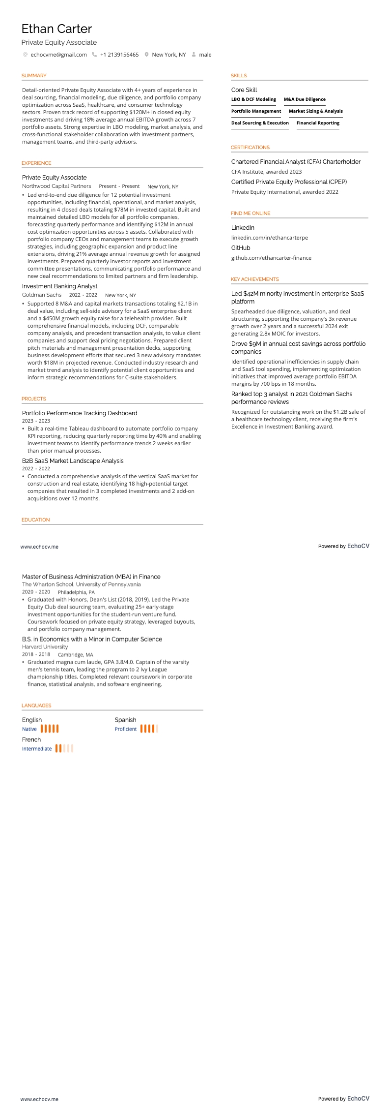 Private Equity Associate example resume