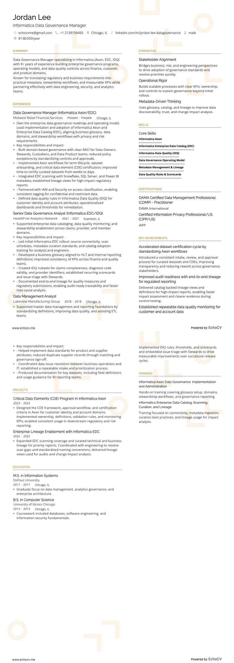 Informatica Data Governance Manager example resume
