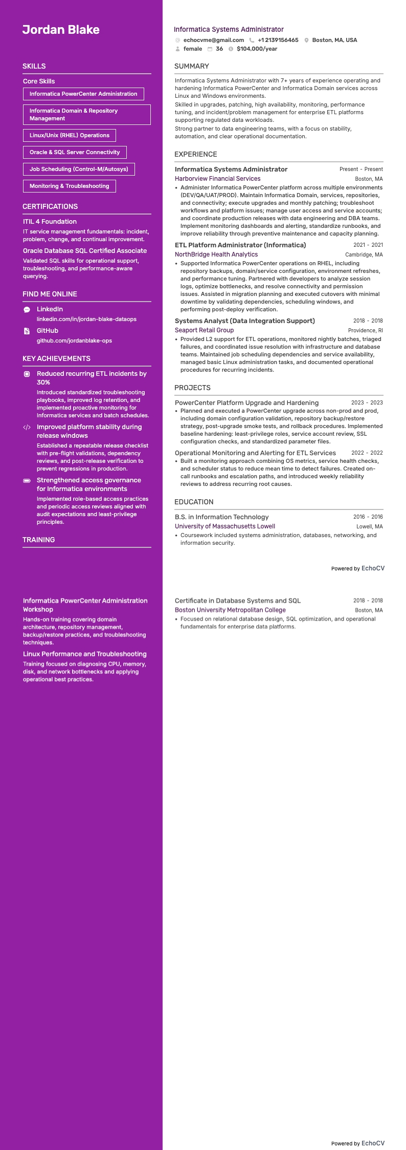 Informatica Systems Administrator example resume