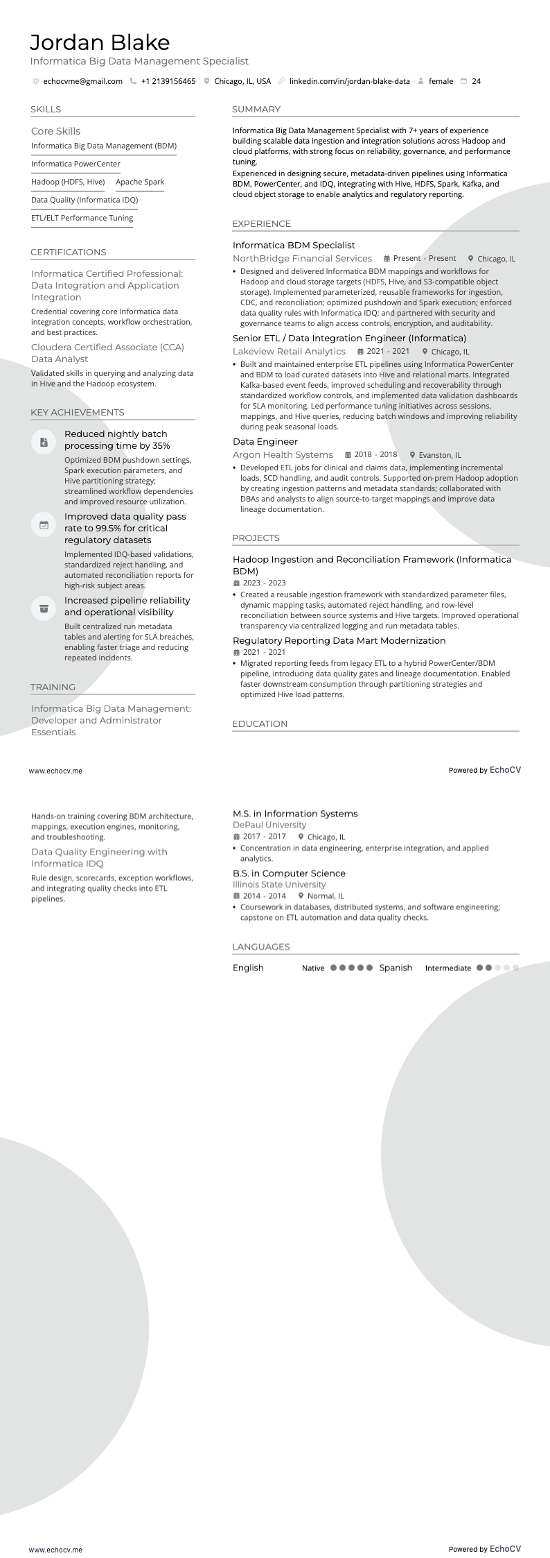 Informatica Big Data Management Specialist example resume