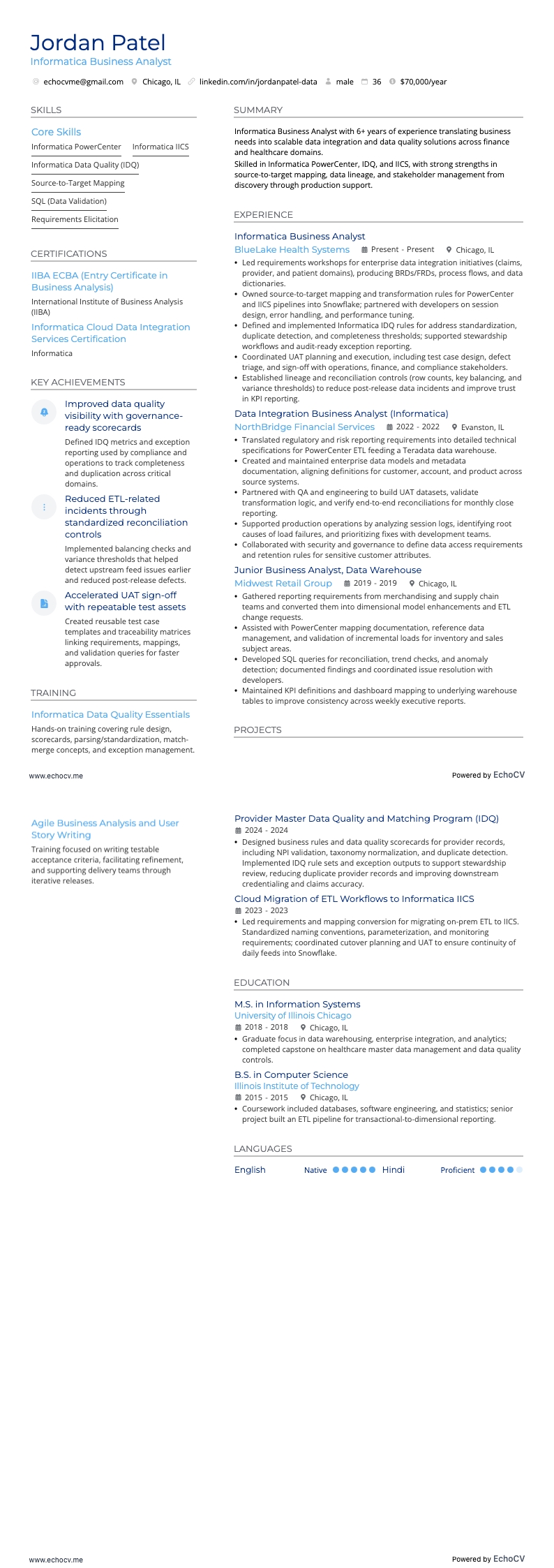 Informatica Business Analyst example resume