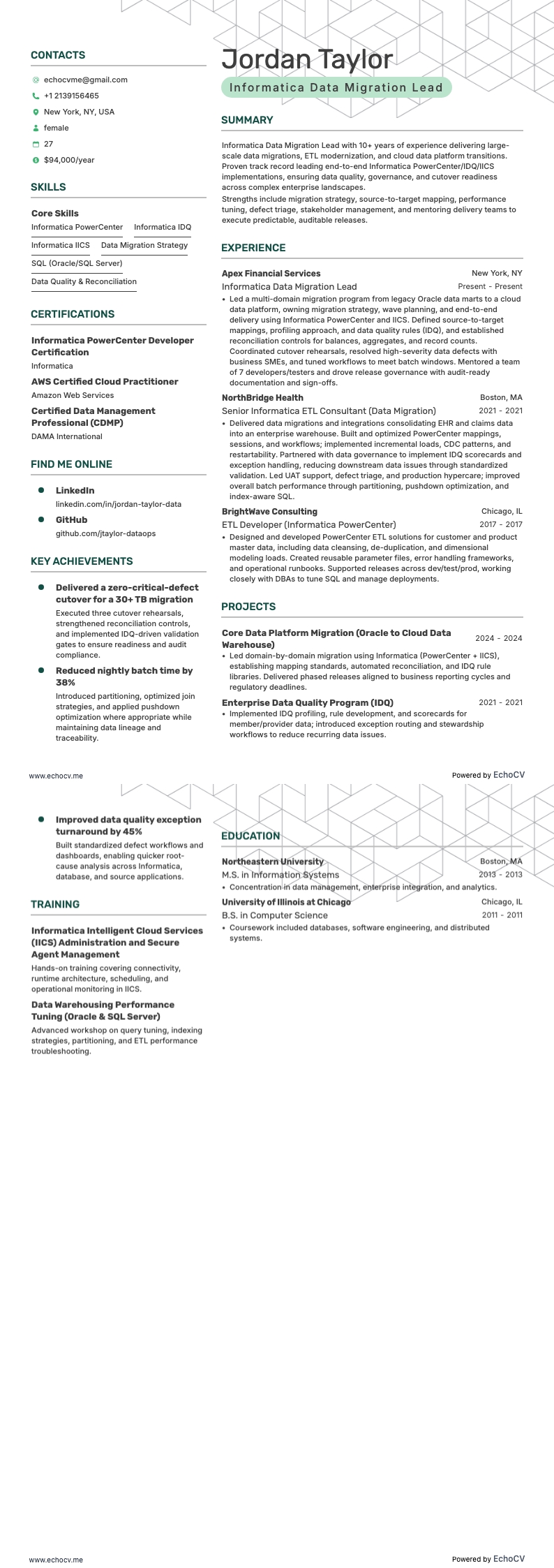 Informatica Data Migration Lead example resume