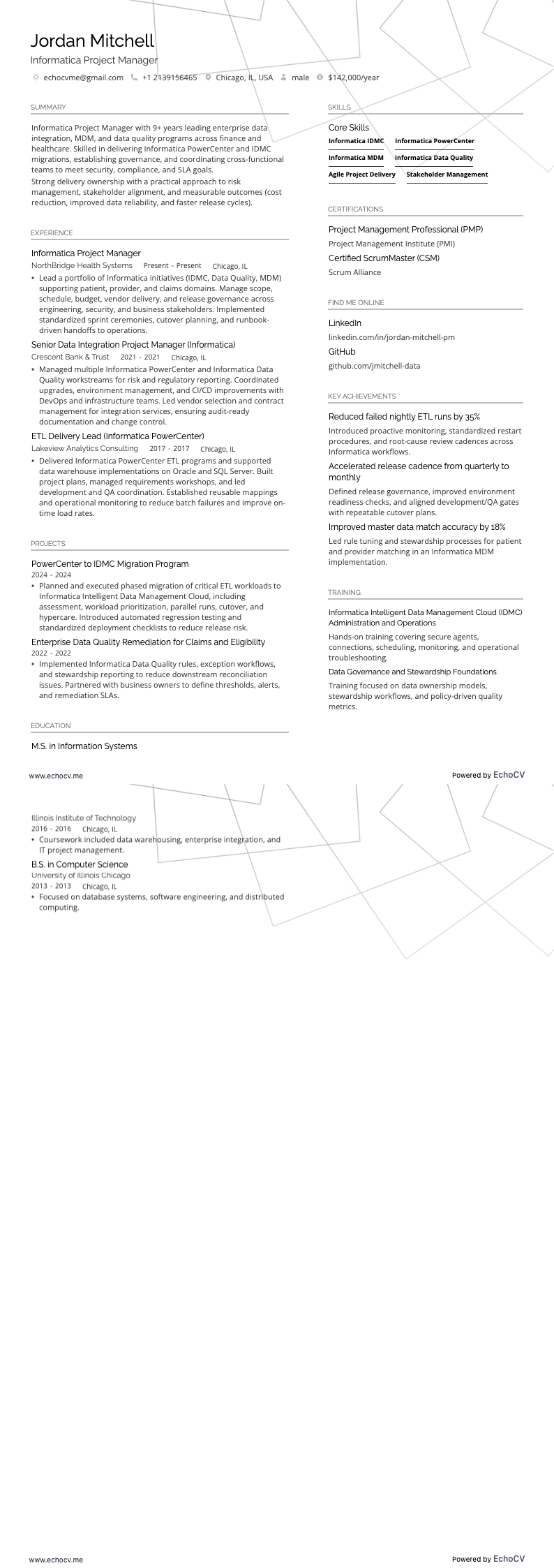Informatica Project Manager example resume