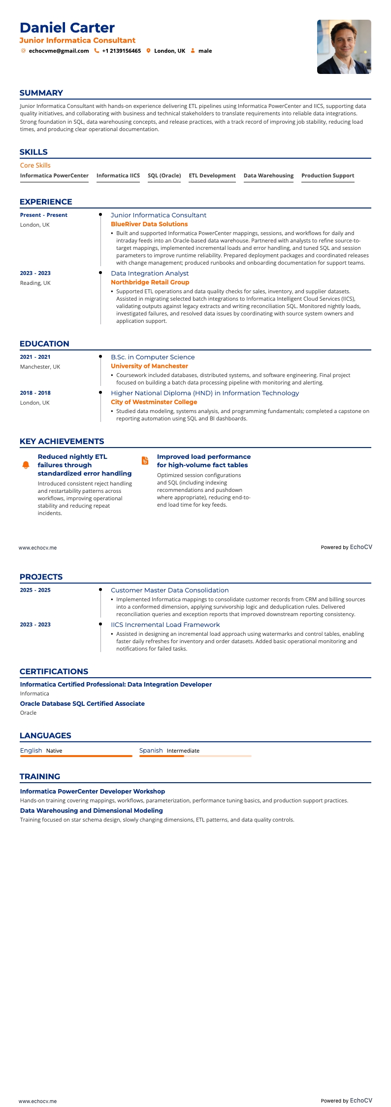 Junior Informatica Consultant example resume