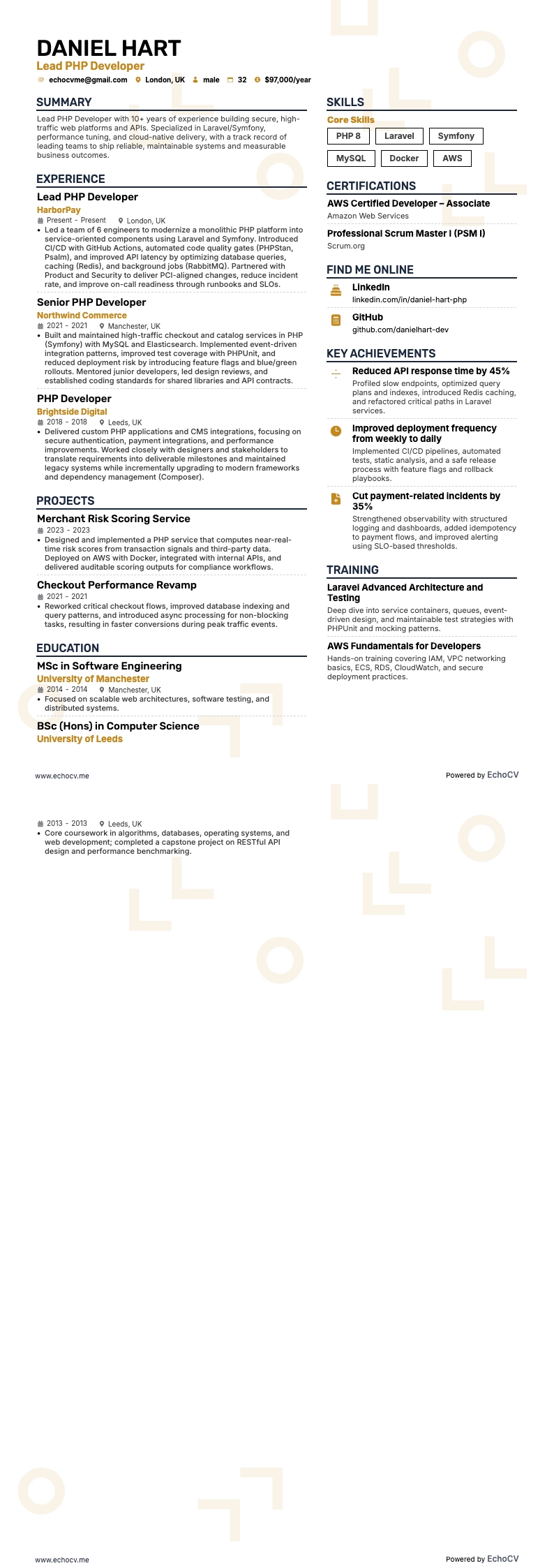 Lead PhP-ontwikkelaar example resume