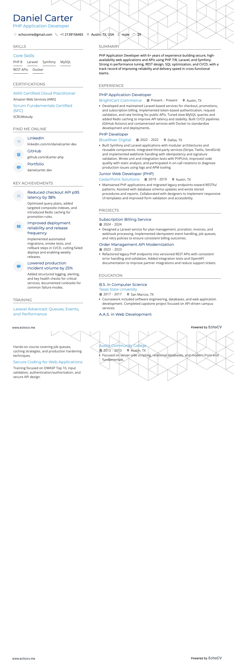 PhP-applicatieontwikkelaar example resume