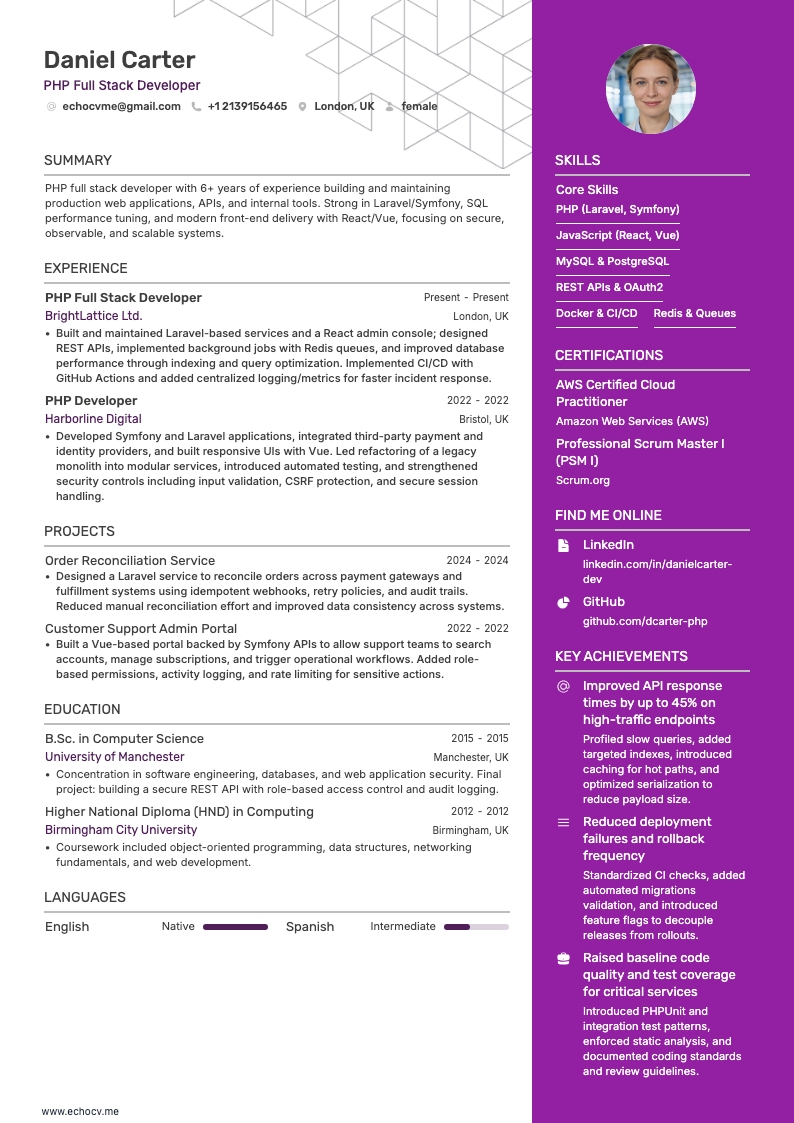 PHP-ontwikkelaar resume example