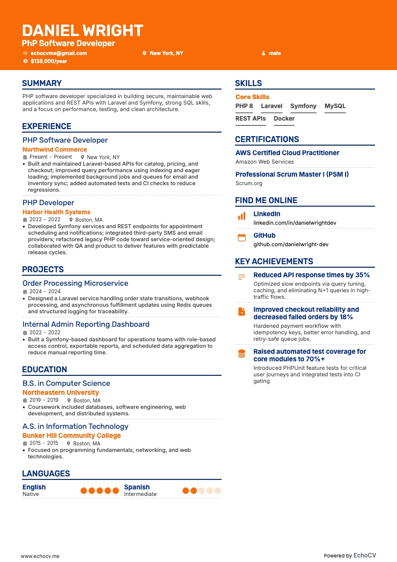 PhP-softwareontwikkelaar example resume