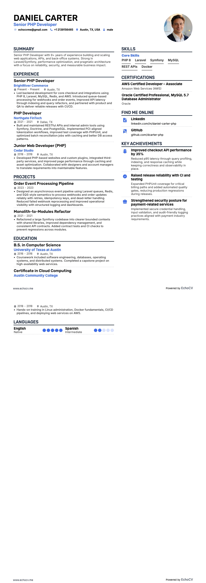 Senior PhP-ontwikkelaar example resume