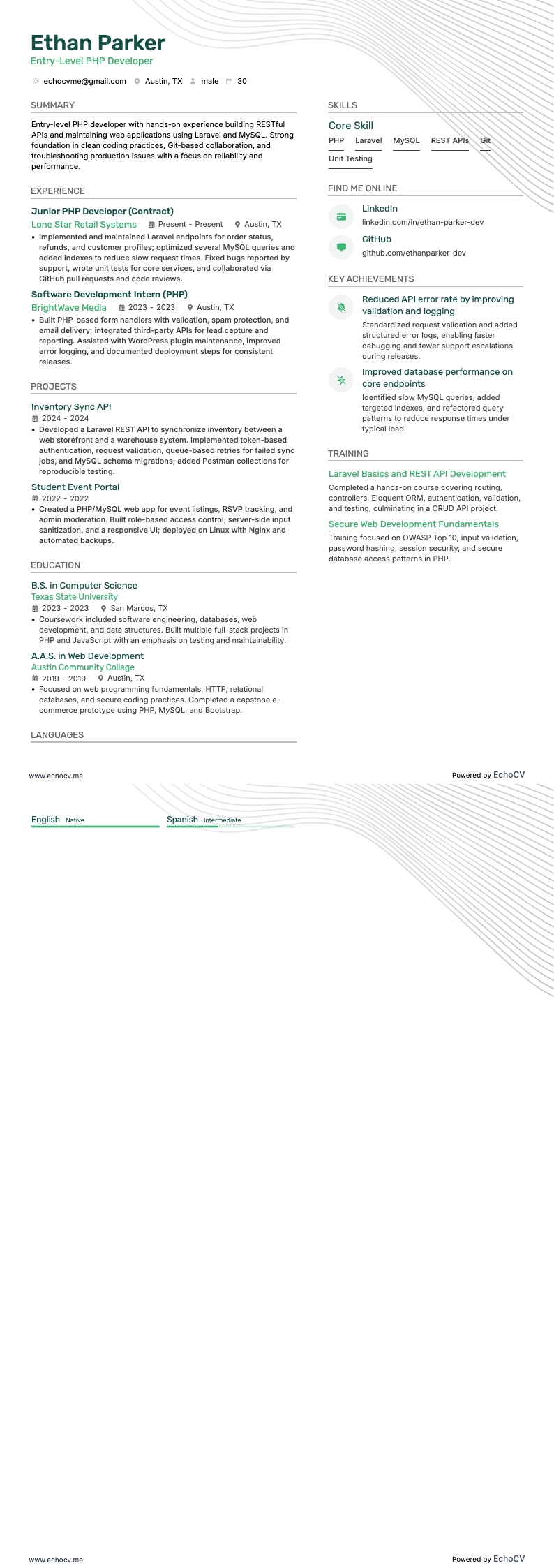 Sviluppatore PHP resume example