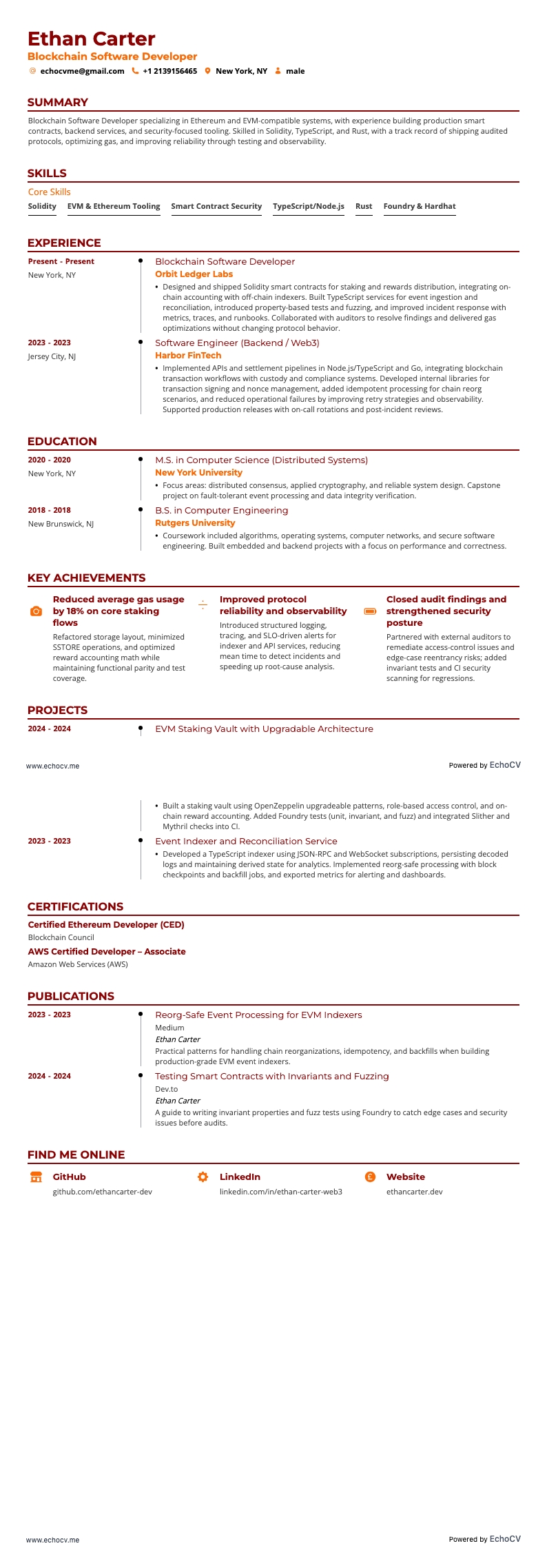 블록체인 소프트웨어 개발자 example resume