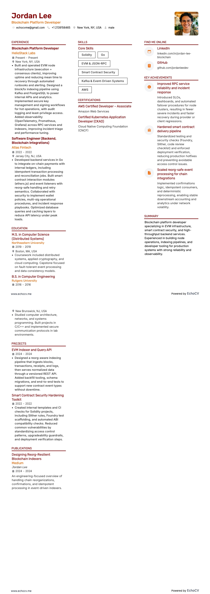 블록체인 플랫폼 개발자 example resume