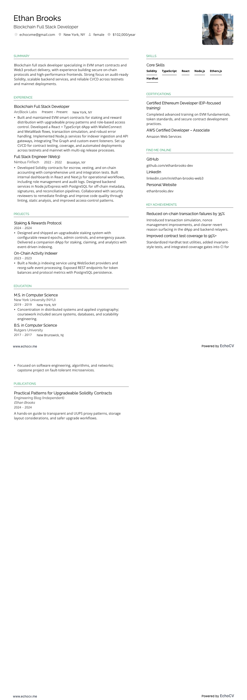 블록체인 풀스택 개발자 example resume