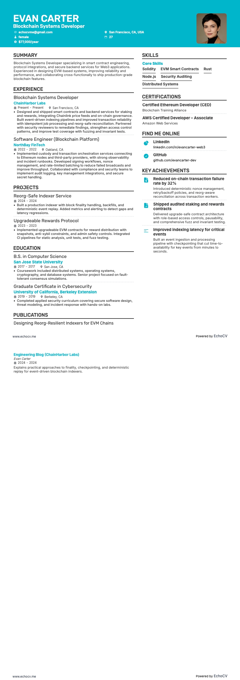 블록체인 시스템 개발자 example resume