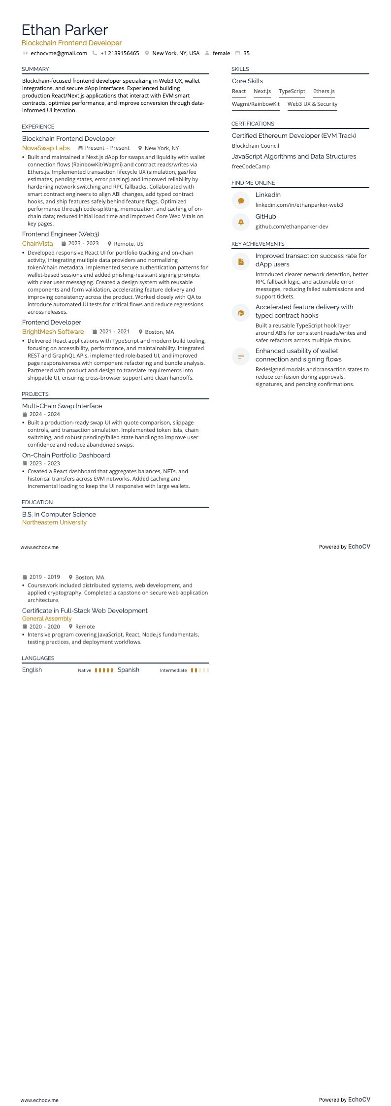 블록체인 프론트엔드 개발자 example resume