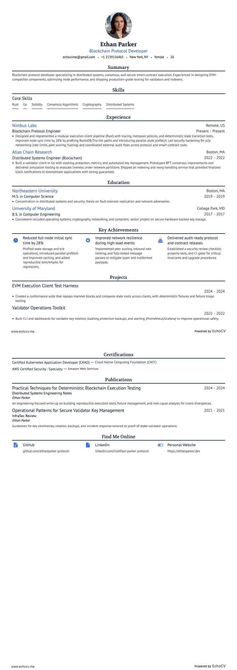 블록체인 프로토콜 개발자 example resume