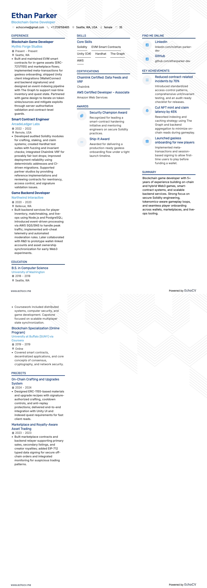 블록체인 게임 개발자 example resume