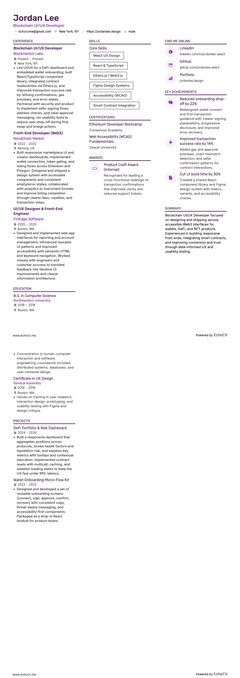 블록체인 UI/UX 개발자 example resume