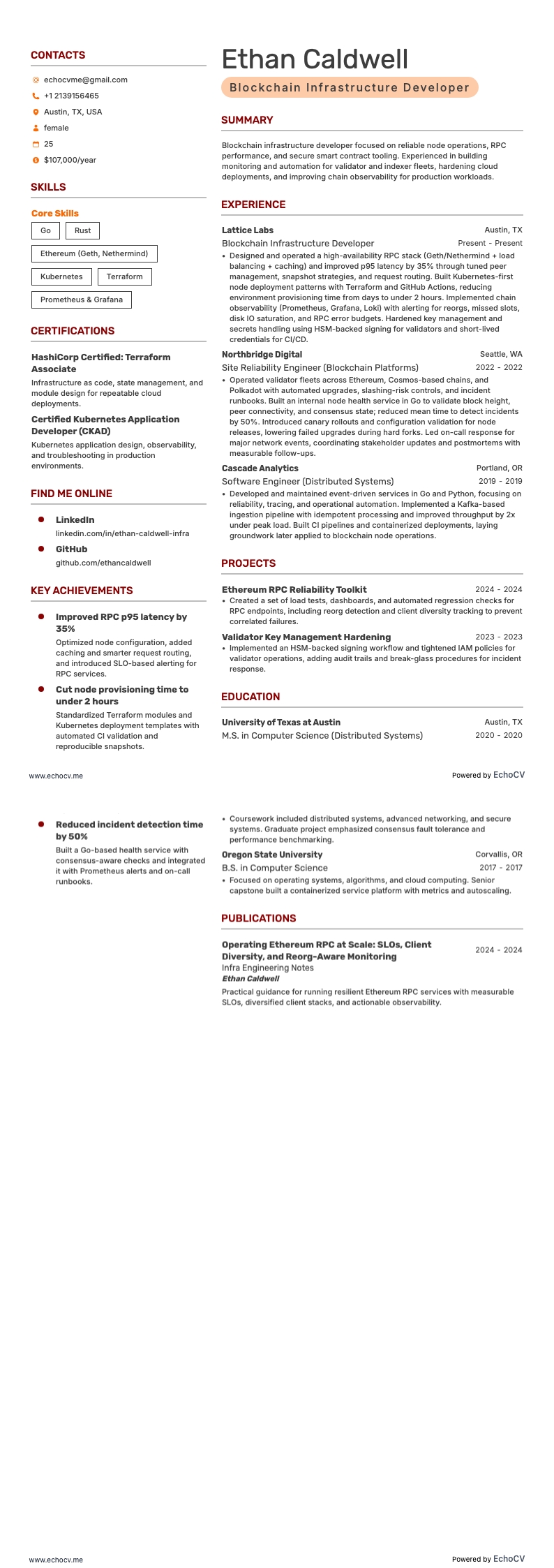 블록체인 개발자 resume example